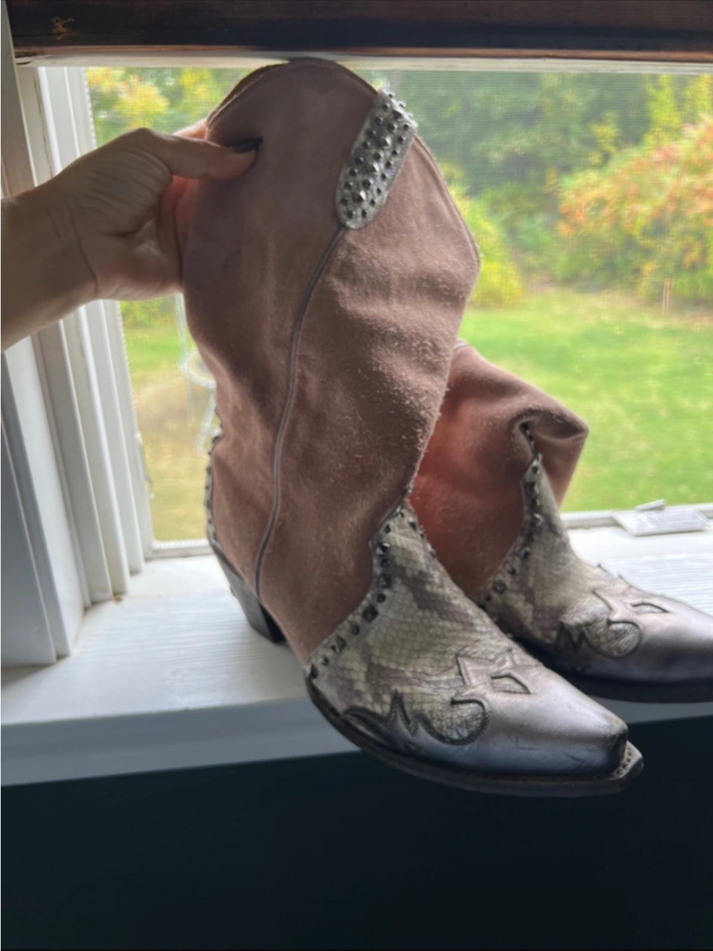 Studded Pink Suede and Metallic Western Boots - Women